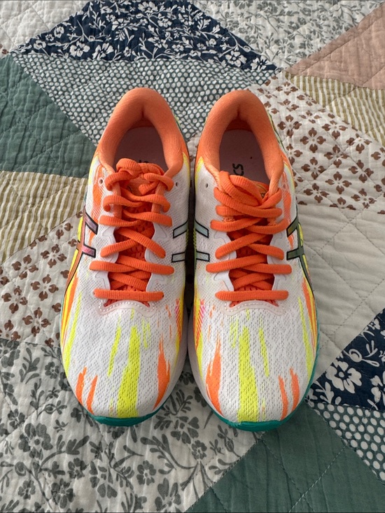 Asics Shoes - Asics White Athletic Shoes with Bright Orange Laces and Neon Yellow Accents